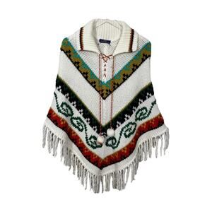 Vintage 1960s Hippie Knit Poncho Fringe Aztec Boho Festival Acrylic Pom Tassel